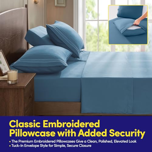 Image of Split Head King Sheets Set for Adjustable Beds 4 Piece Flex Top Bed Sheets - Deep Pocket Split Top Fitted Sheet with Built-in Corner Straps, Luxury Soft Cooling Bedding, Wrinkle Resistant, Denim
