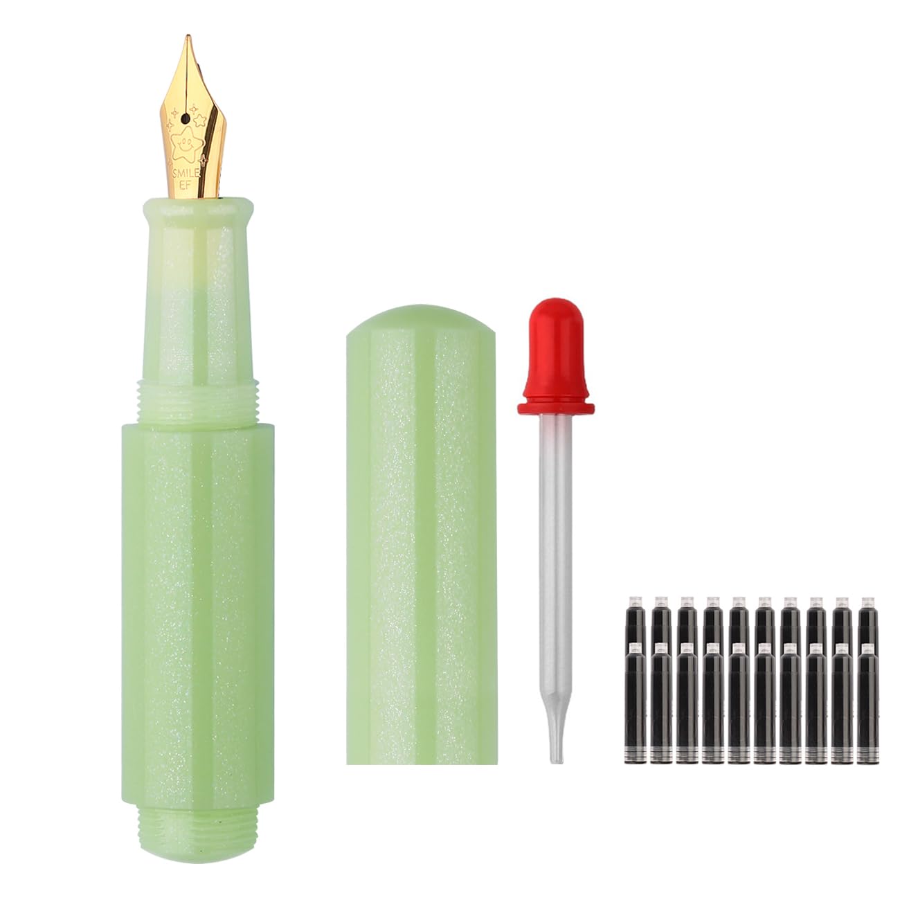SIPLIV Wancai Mini Candy-colored Fountain Pen Pocket-Size Travel Pen with Short Size Eyedropper and 20 Black Ink Cartridges - Iridium Extra Fine Nib, Green — image 1