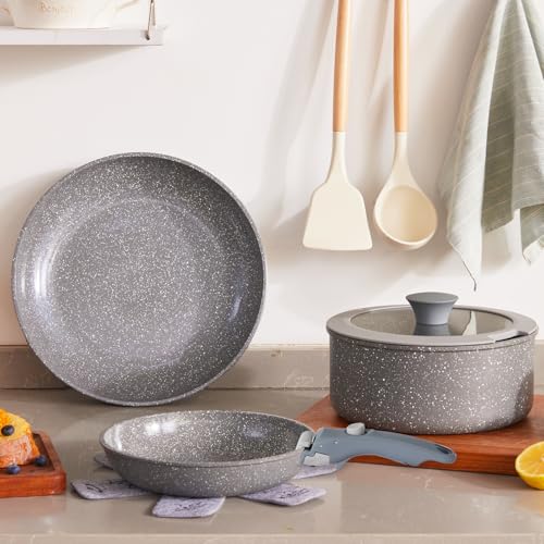 Vkoocy Gray Non Stick Pot and Pan Set with Removable Handle, Ceramic Cookware Set Detachable Handle, 5pcs Induction Kitchen Camping Stackable Pots Pans, Dishwasher/Oven Safe, PTFE/PFAS/PFOA Free