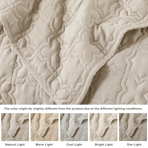 Beige King Size Quilt Bedding Sets with Pillow Sham, Summer Lightweight Soft Bedspread Coverlet, Netural Farmhouse Country Textured Quilted Blanket Thin Comforter Bed Cover, 3 Pieces, 104x90 inches