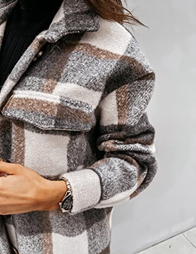 Esmeling Womens Plaid Shacket Brushed Flannel Shirt Jacket Mid Long Wool Blend Tartan Coat(0001-Darkgrey-L) #TOP5