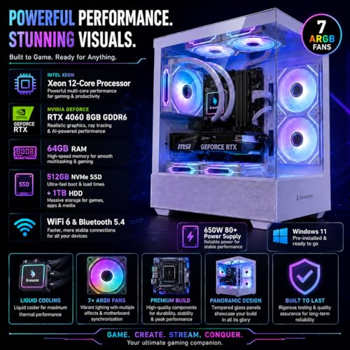 Image of Gaming Desktop PC Computer Liquid Cooled 12-Core Processor, GeForce RTX 4060 GDDR6, 64GB RAM, 512GB NVMe SSD + 1TB HDD, WiFi 6 & BT 5.4, 7x ARGB Fans, 650W PSU, Windows 11