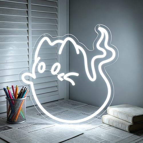 Image of White Neon Sign Led Neon Lights Signs for Wall Decor USB Powered Led Signs for Room Decoration-Ghost Cat