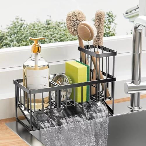 Kitchen Sink Caddy Organzier with High Brush Holder, Sponge Holde...