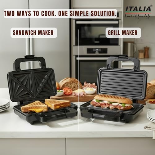 Image of ITALIA 2-in-1 1000W Sandwich And Grill Maker | Interchangeable Quick-Release Non-Stick Plates for Easy Clean | Deep Fill Toastie Press, Panini, Waffle Iron | 1 Year Warranty