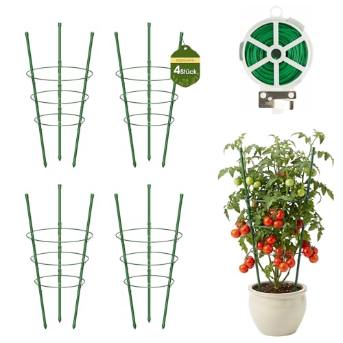 MQHUAYU 45cm Tomaten Rankhilfe 4 Stück, Metall Rankhilfe mit 3 Verstellbare Ringe, Rankstütze Kletterpflanzen, Tomatenkäfig Pflanzenstütze für für Tomaten Blumen Verwendet, Grün