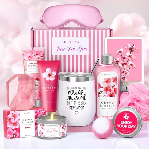 Gifts for Women Birthday Gifts for Women, Bath and Body Works Gift Set- 10 Pcs Valentine’s Mother’s Day Gifts and Cherry Blossoms Self Care Package Gift Women, Relaxing Spa Gift Basket for Women