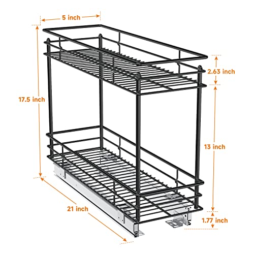 Roomtec Pull Out Cabinet Organizer For Narrow Cabinet (5" W X 21" D), Kitchen Cabinet Organizer And Storage 2-Tier Cabinet Pull Out Shelves Under Cabinet Storage For Kitchen, Black #TOP5