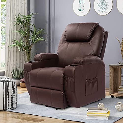 Living Room Power Lift Massage Recliner Chair For Elderly Pu Leather Heated Recliner Ergonomic Lounge Vibratory Massage Function With Cup Holders/Heating/Remote Control Brown #TOP4