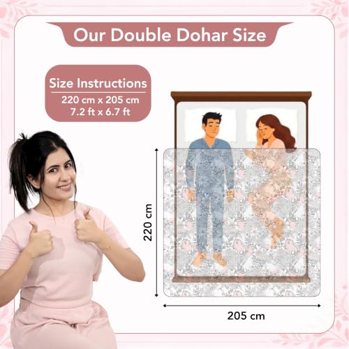 Image of Divine Casa 100% Cotton Reversible Double Bed Dohar | Soft & Lightweight AC Blanket | Summer Quilt | 220 x 205 CM, Floristry Slate & Coral