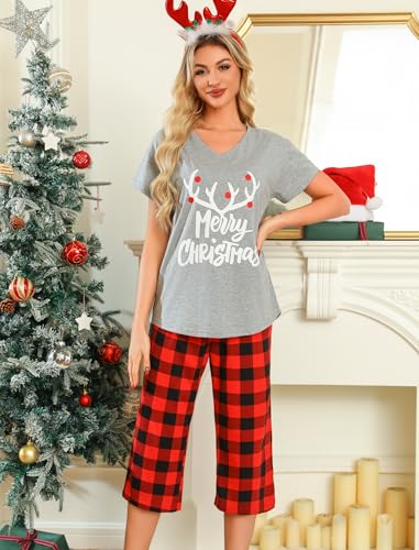 Image of ENJOYNIGHT Womens Pajama Sets Cotton Pj Set Short Sleeve Top With Capri Pants Sleepwear 2 Piece Lounge Set