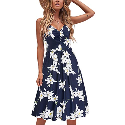 Eduavar Womens Dresses Casual Summer Midi Womenâs Floral V Neck Spaghetti Strap Button Down Sundress Swing Ruffle Summer Mini Short Dress