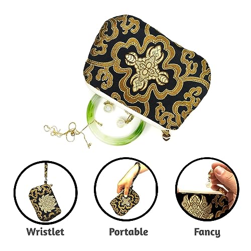 Image of Exquisite Handmade Silk Zipper Jewelry Pouch with Wristlet Strap | Women's Coin Purse Brocade Wallet for Makeup and Gifts, Black