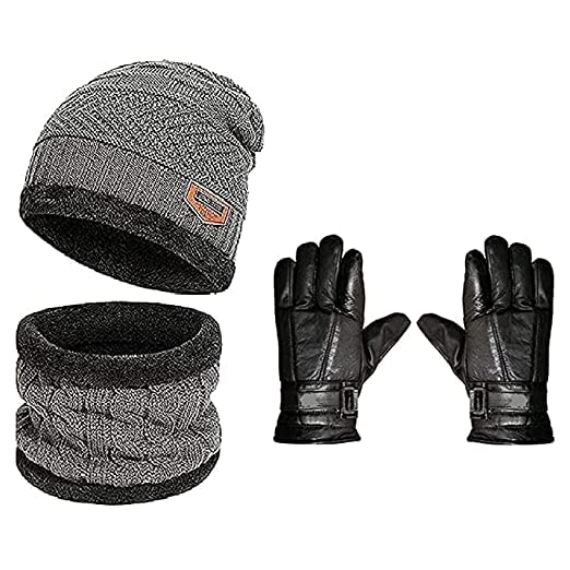 Winter Soft Warm Snow Proof Woolen Beanie Cap Neck Scarf Set with Leather Hand Gloves for Men & Women (Grey) Hand Gloves (Black)-image-43