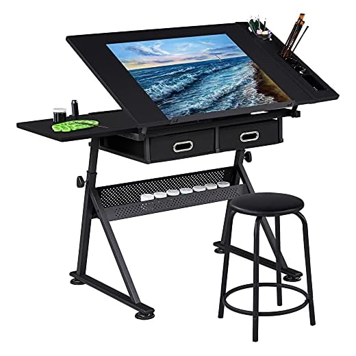 Yaheetech Mesa de Dibujo Inclinable Mesa de Pintura Multifuncional Escritorio con Cajones para Arte Estudio Altura Ajustable Negro 120.5 x 60W x(65-90.5) cm Negro