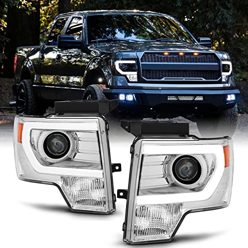 AKKON - For [HALOGEN UPGRADE] 09-14 Ford F-150 F150 Light Duty Pickup Chrome Clear C-Shape LED light Tube Projector Headlights