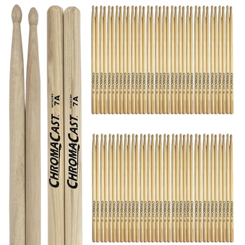 ChromaCast 7A USA Made Hickory Drumsticks 36 Pares - Punta de Madera - Perfectas para bateristas principiantes, intermedios y profesionales - Madera premium de Hickory americana