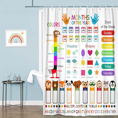 Image of Funny Kids Shower Curtain, ABC Educational Restroom Curtain with Vehicle Smathematical Knowledge for Boys Girls, Gute Pupil Students Learning Tools Cloth Fabric Bathroom Accessories Decor with Hooks