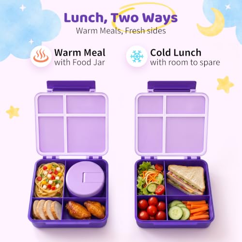 Image of Pawtong Bento Lunch Box with 8oz Soup Thermo, Kids Leakproof Lunch Food Containers with 4 Compartment, Kids Thermo Insulated Hot Food Jar for School, Trvael (Purple)