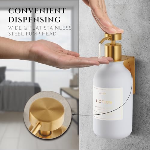 Shower Shampoo Dispenser Wall Mounted – Refillable 16.9 oz White Bottle with Stainless Steel Pump & No-Drill Adhesive Holder – Soap Dispenser for Bathroom (1 X White/Gold) - image 3