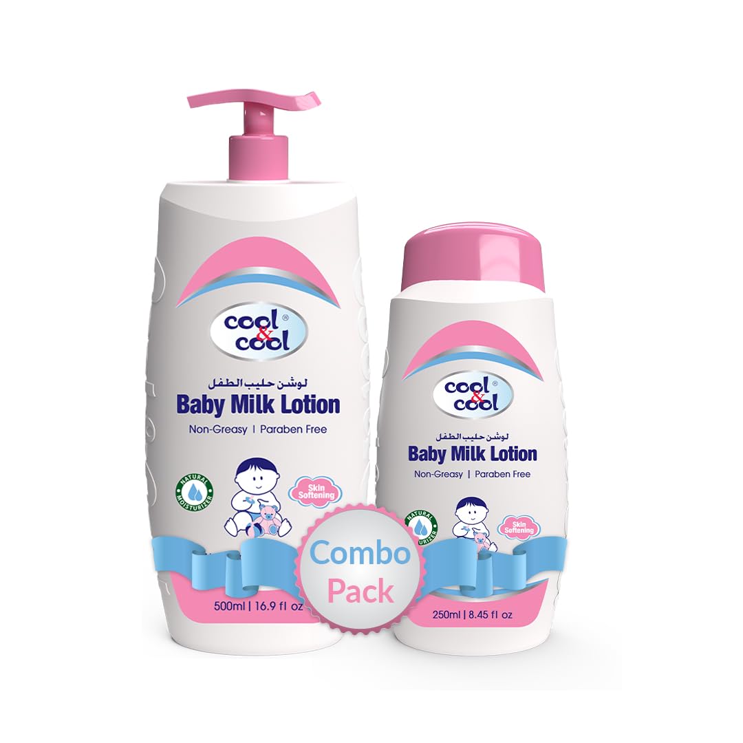 Cool & Cool Baby Milk Lotion - 500ML + 250ML - Skin Softening,Non - Greasy,Paraben-Free,Vitamin-E Aloe Vera & Chamomile Extract With Extra Mild Formula 750ML