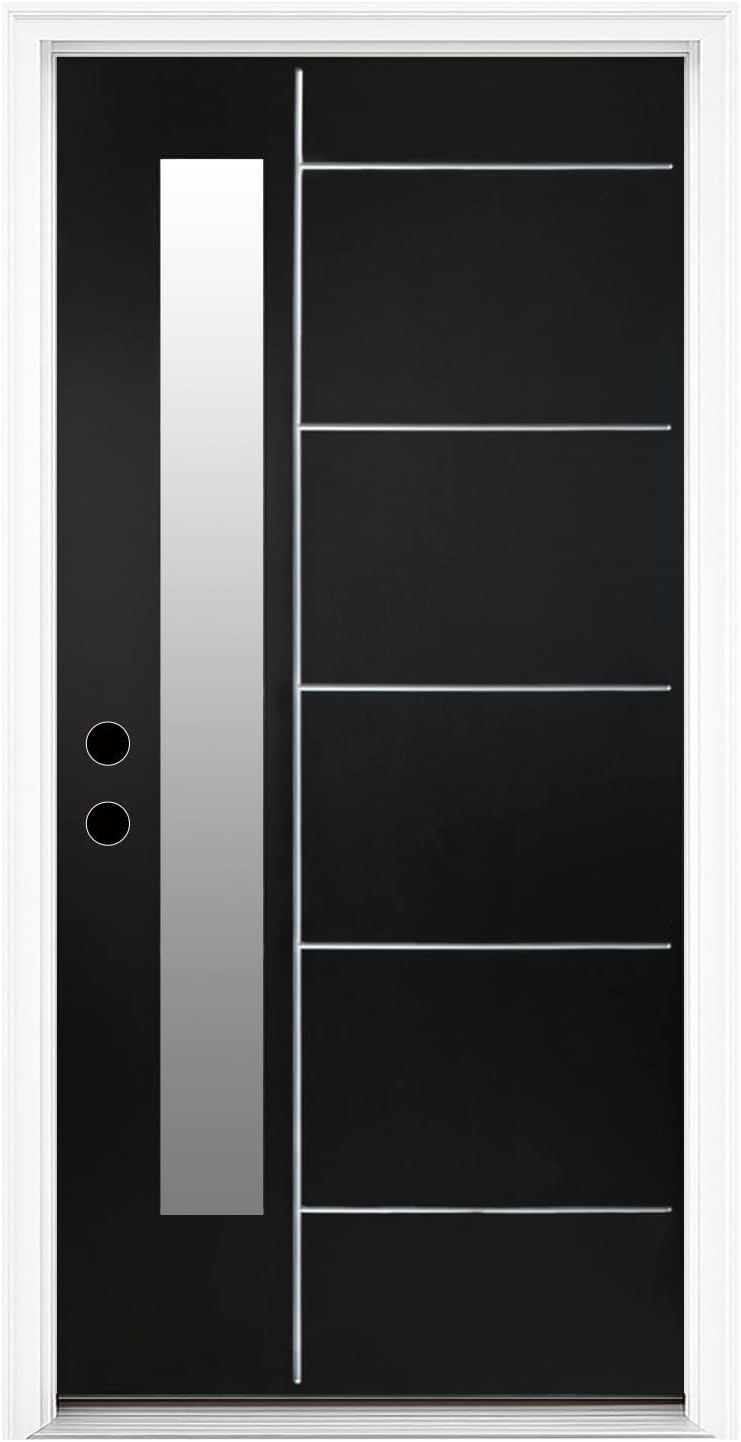 36 x 80 Fiberglass Entry Door, Brickmould & 4-9/16 White Vinyl Frame, Frosted Glass Black Flush Panel Brushed, Knock-Down, Modern V-Groove Flush Panel Front Door for House, Right Hand Inswing