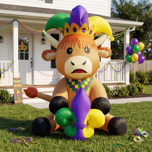 4FT Mardi Gras Highland Cow Inflatable with LED Lights Blow Up Yard Decoration for Outdoor Lawn Party Carnival Festival Indoor & Outdoor Mardi Gras Decor