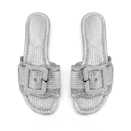 Image of ZJGZF Raffia Sandals for Women Buckle Straw flats Woven Braided Rattan Slides Summer Beach Sandals Comfort Cute Shoes