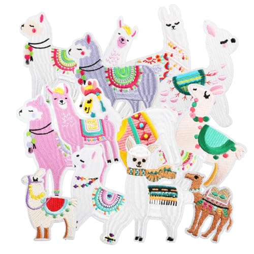 Nicime 14pcs Alpaca Iron/Sew on Patches, Cute Animal Themed Embroidered Applique, Funny Decoration for Clothes, Hat, Bag, Dress, Shirt, Jeans