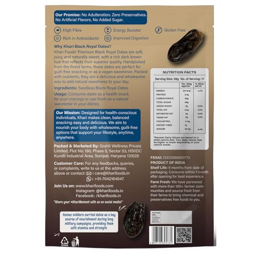 Image of Khari Foods - Premium Black Royal Seedless Dates- 400g Khajoor - High Fibre, No Added Sugar, No Preservatives, Easy to Consume - Soft Healthy Dates for Energy, Immunity Support and Everyday Wellness