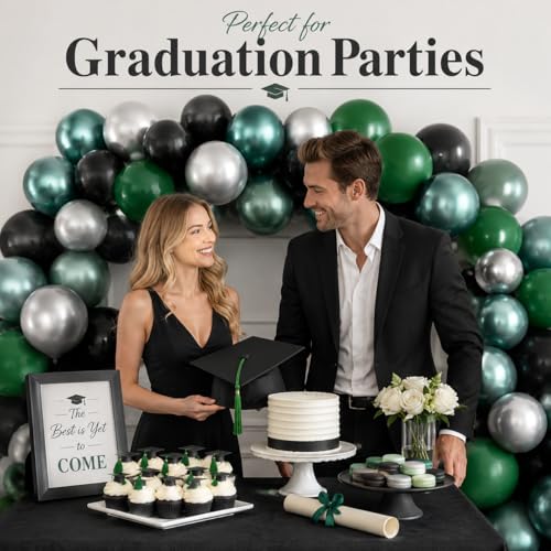 Image of Green Black Balloons Metallic Green Silver Balloons for Graduation Party Decorations Jungle Wild Theme Birthday Decor 60PCS 12INCH Green Black Silver Helium Latex Balloons