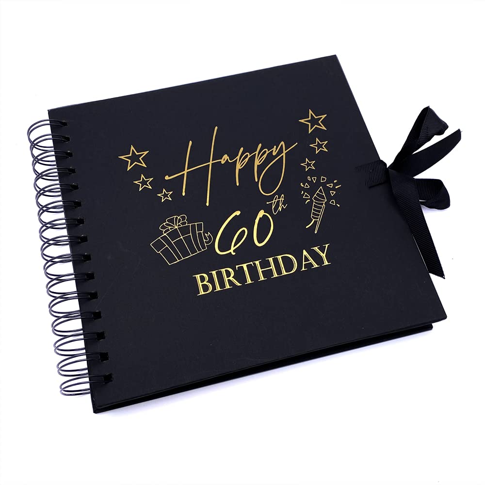 Ukgiftstoreonline White 60Th Birthday Black Scrapbook Photo Album With Gold Script Present Design