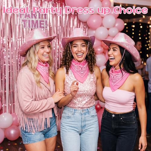 Image of Coume 12 Pcs Sparkly Adults Cowboy Hat and Bandanas Women Men Western Glitter Cowgirl Party Hats with Adjustable Drawstring