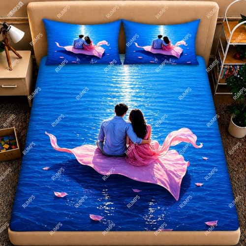 Image of RUMPS 7D Romantic Couple Printed Flat Bedsheet King Size 90x100 Inch with 2 Pillow Covers 16x26 Inch | Soft Microfiber Double Bedsheet | Luxury 7D Digital Bedshee