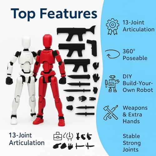 Image of ONNGEO 2 PC Black Action Figures Kit Titan 13, 3D Printed Multi-Joint Movable Robot, T13 Lucky Action Figure, Dummy Robot Action 13, Desk Decoration Creative Robots, Nova 13 Mechanical Doll Red, White