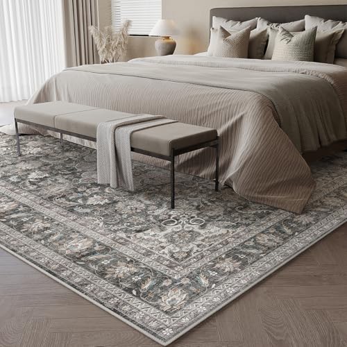8x10 Washable Black Grey Vintage Area Rug for Living Room Bedroom Large Traditional Low Pile Carpet Non-Slip Retro Distressed Accent Vacuumable Throw Rug for Dining Room Indoor
