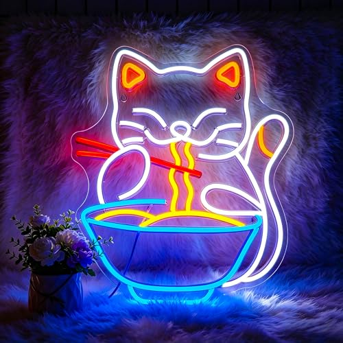 Image of Cat Ramen Neon Sign for Wall Decor Led Neon Lights Cat Ramen Light Up Signs for Birthday Party Club Gift