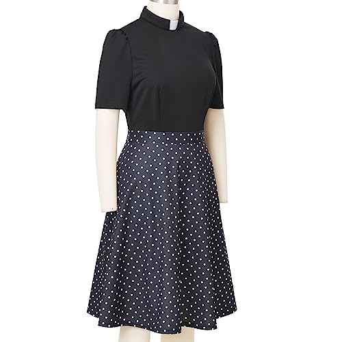 Image of CAMDOM Church Clergy Dress for Women Short Sleeve Polka Dot A Line Elegant Dress with Tab Collar
