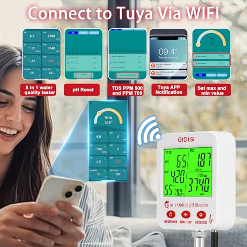 GIDIGI Digital pH EC Meter Smart Hydroponics pH Meter with WiFi for Real Time Large Screen with Multiple Parameters Displayed Simultaneously pH EC Monitor Salt Meter ORP Tester for Aquarium - Thumbnail 6