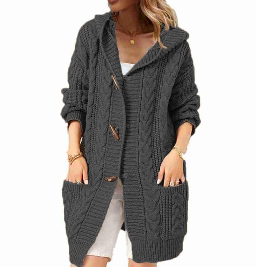 HGJH Damen Zopfmuster Kapuzenpullover Cardigan Vorne Offen Lange Strickjacke Lockere Knöpfe Weicher Pullover Elegante Übergangsjacke Kimono Cardigan Mantel Oberbekleidung Herbst Und Winter Grau M