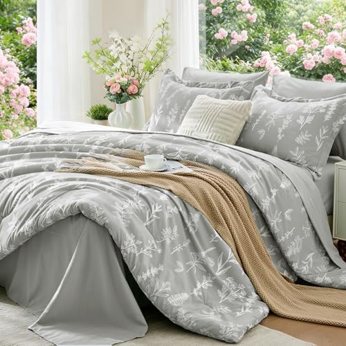 Image of MUXHOMO Silver Grey Full Comforter Set, Elegant Floral Print Bed in a Bag 7 Pieces, Ultra Soft & Breathable Reversible Botanical Pattern Bedding Set with Comforter, Sheets, Pillowcases, and Shams
