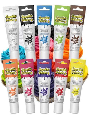 Sugarflair Essentials Food Colouring Gel Set Multi 10x 25g - Concentrated Gel Food Dye for Cake Decorating Buttercream Fondant Royal Icing - Vegan Kosher Bake-Stable