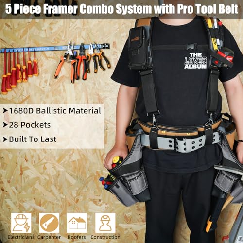 Image of MELOTOUGH 28-Pocket Pro Framer's rig Combo Apron Tool Belt and Heavy Duty Padded Suspenders with Magnetic Desinger for Technician /Carpenter /and Electrician's Tools (Khaki)