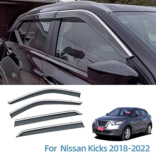 Vesul Tape on/Clip on Polycarbonate Rain Guards Window Visors Compatible with Nissan Kicks 2018-2021 2022 Window Wind Deflector Shield Cover Sun Ventshade with 304 Stainless Steel Trim