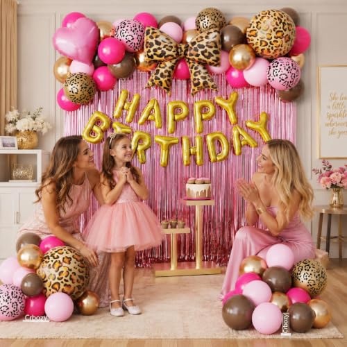 Image of 70Pcs Cheetah Print Birthday Decorations, Pink Brown Gold Leopard Balloons