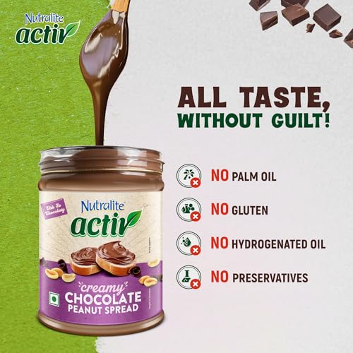 Image of Nutralite Activ Peanut Butter Chocolate Creamy | 1kg Jar | 20g Protein per 100g | High Dietary Fibre | Dark Choco Chips | Zero Trans-Fat | No Gluten | No Hydrogenated Oil | No Preservatives