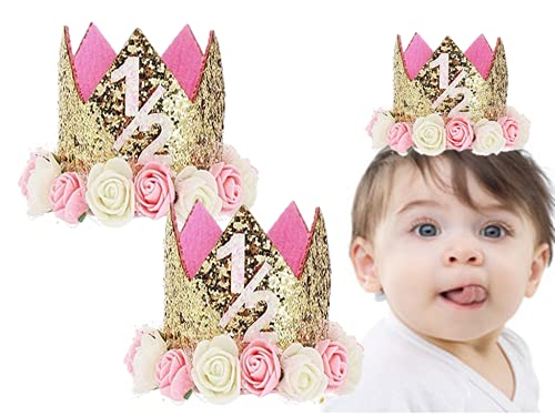 Hitopin Baby verjaardag kroon 1 stuks baby verjaardag hoed prinses kroon baby rose bloem gouden kroon tiara partij hoed… - Image 5