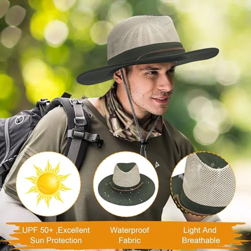 Image of Men's Flat Wide Brim Mesh Safari Outdoor Hat Panama Hat Travel Fishing Hiking with Windproof