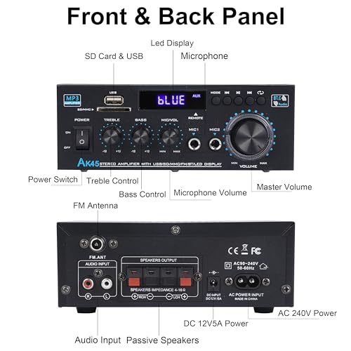 Image of Stereo Audio Amplifier 2026 Upgraded AK45 Bluetooth Receiver for Home Stereo, 400W 2 Channel Wireless Bluetooth 5.0 Power Amplifier System with FM Radio, USB, SD Card, and Remote Control