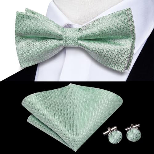 Image of Hi-Tie Teal Bow Ties for Men Silk Plaid Pre-Tied Pocket Square Cufflinks Mens Bowtie Sets for Wedding Formal Party